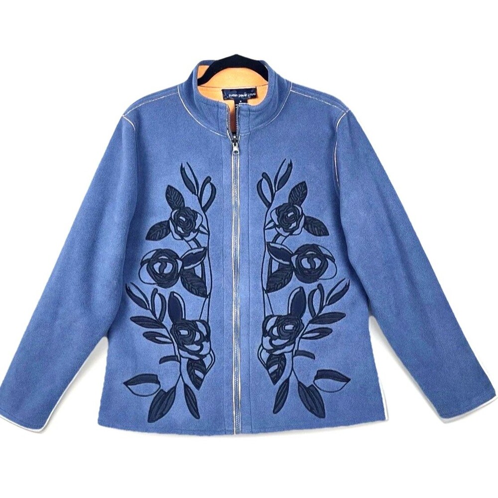 VTG Susan Graver Blue Fleece Jacket Women’s SZ M Black Floral Embroidery Zip